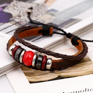 Retro multilayer beaded leather bracelet with red beads and braided brown cords
