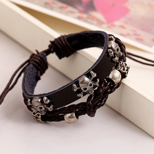 Punk Rock Men Cowhide Leather Bracelet With Alloy Skull Studs Multi-Layer Braided Rope Adjustable Wristband Jewelry