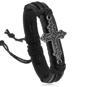 Retro black leather cross bracelet with adjustable braided rope for men and women