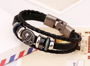 Vintage punk multilayer leather bracelet with silver pirate skull and blue beads