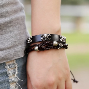 Punk multilayer leather bracelet with skull beads and braided cords for men and women