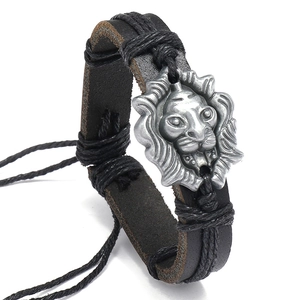 Retro Lion Head Men Bracelet Vintage Punk Handmade Woven Cowhide Alloy Hemp Rope Adjustable Punk Rock Men Bangle Jewelry
