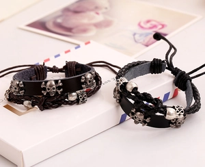 Punk style multi-layer braided leather bracelet with skull metal charm for men
