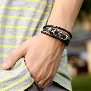 Vintage punk men's multilayer black leather bracelet with silver skull and crossbones charm