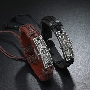 Retro anchor and rudder nautical leather bracelet with hand-woven braided strap