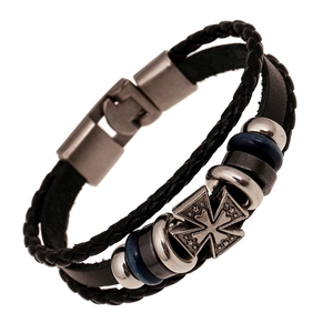 Bracelet multicouche en cuir noir tressé avec pendentif croix de fer et fermoir magnétique