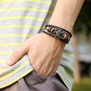 Men's punk multilayer braided leather bracelet with eagle relief and red beads
