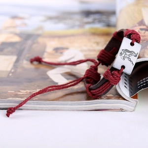 Handmade Aquarius zodiac leather bracelet with red braided rope and metal charm