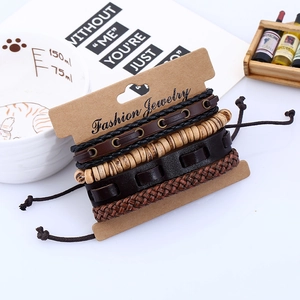 Men's retro braided leather bracelet set with wooden beads and classic earthy tones