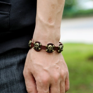 Men's vintage brown leather punk skull bracelet with antique bronze metal charms