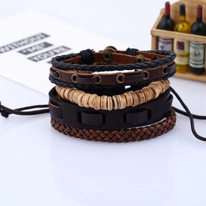 Men's vintage braided leather bracelet set with wooden beads and bronze metal studs