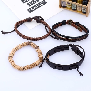 Four-piece vintage braided leather bracelet set for men with wooden beads and cords