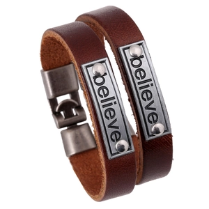Bracelet en Cuir de Vachette Véritable Gravé Believe pour Homme Femme Vintage Punk Alliage Bijoux de Couple Cadeau