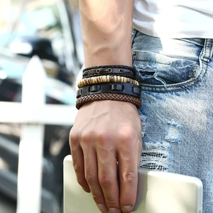 Men's vintage multi-layer braided leather bracelet set with wooden beads on wrist