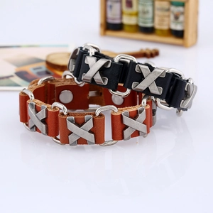 Adjustable black and brown leather bracelets with metal X-studs and buckle design