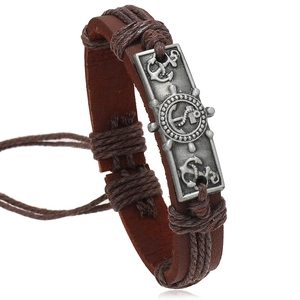 Vintage Nautical Anchor Rudder Leather Bracelet For Men Women Handmade Braided Alloy Plate Adjustable Punk Jewelry