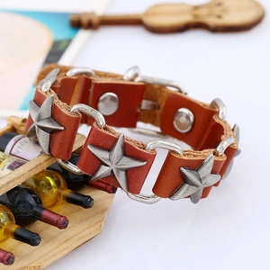 Punk brown leather star studded bracelet with vintage silver pentagram metal rivets