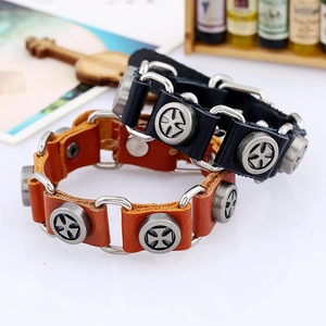 Punk style leather bracelets with cross rivets and silver metal D-rings in black and brown