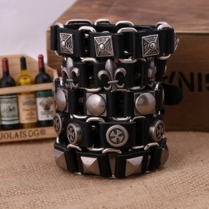 Retro punk set of 5 black genuine leather bracelets with silver zinc alloy charms