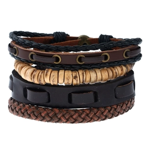 Vintage Men Cowhide Leather Bracelet Set Multilayer Woven Rope Coconut Shell Wood Beads Bohemian Punk Adjustable Jewelry Gift