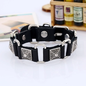 Punk style men's black leather bracelet with silver metal links and buckle clasp