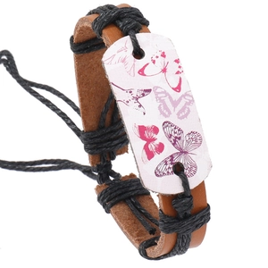 Bracelet en Cuir Tressé à la Main Imprimé Papillon Rétro Ajustable en Cuir de Vachette Corde de Chanvre Bijoux Femme