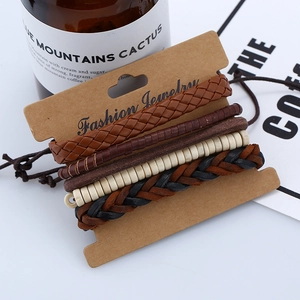 5-piece vintage braided brown leather bracelet set with wooden beads on display card