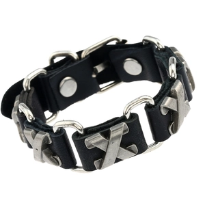 Punk Cowhide Leather Bracelet With Metal X Studs Adjustable Unisex Rock Gothic Wristband Alloy Link Chain Bracelet Jewelry