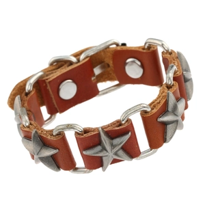 Punk Men's Genuine Cattle Hide Leather Bracelet With Silver Pentagram Star Studs Vintage Rock Wristband Metal Chain Connectors