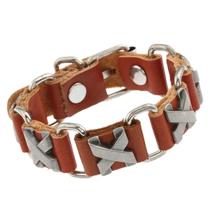 Punk brown leather chain bracelet with X-shaped metal studs and silver ring accents