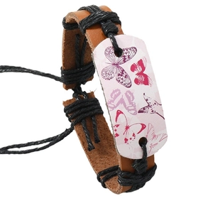 Bracelet en cuir marron tressé à la main avec imprimé papillon vintage et style ethnique