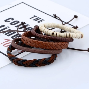 Five-piece set of retro woven leather bracelets and beaded wood bangles for men