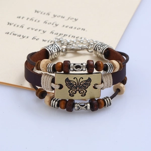Punk vintage multilayer leather bracelet with beaded accents and bronze butterfly charm