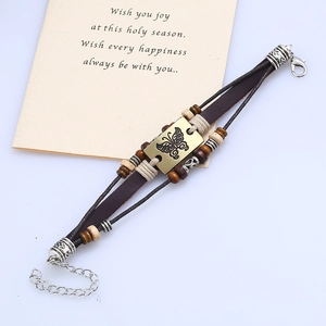 Bohemian multi-layer leather bracelet with bronze butterfly charm and wooden beads