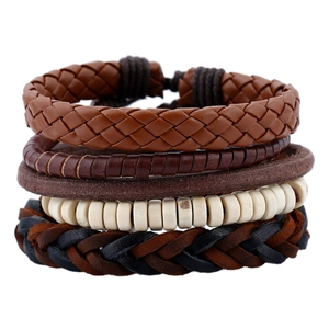 Men Vintage Braided Leather Bracelet Multilayer Cowhide DIY Woven Cord Wood Bead Bracelet For Men Retro Jewelry Gift