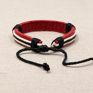 Multilayer handmade woven red leather bracelet with adjustable black cord for women