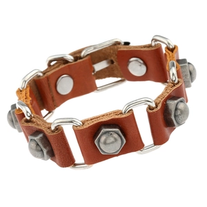 Bracelet punk en cuir marron avec rivets hexagonaux industriels et anneaux en argent
