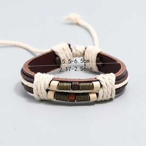 Handmade multilayer braided leather bracelet with vintage metal beads and wood charms