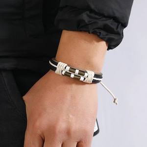 Handmade multilayer leather bracelet with bronze spiral beads for men and women
