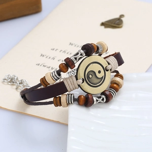 Vintage multi-layer leather bracelet with bronze Tai Chi Yin Yang charm and wooden beads