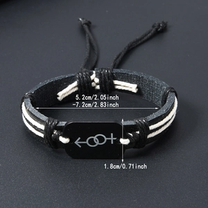 Retro ethnic woven leather bracelet with black metal plate and adjustable cords