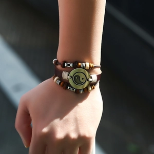 Retro multilayer cowhide bracelet with beaded wood and bronze Tai Chi Yin Yang charm