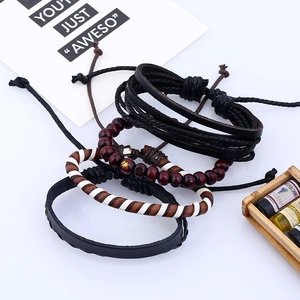 Men's retro multilayer braided leather bracelet set with wooden beads and vintage charms