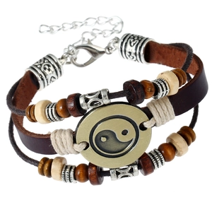 Vintage Multi-layer Cowhide Leather Bracelet For Men Women Yin Yang Tai Chi Symbol Beaded Braided Adjustable Punk Ethnic Style Jewelry