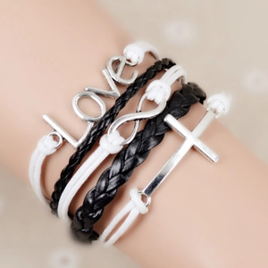 Vintage multilayer braided leather bracelet with Love and Infinity metal charms