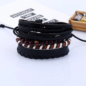 Retro multilayer woven leather bracelet set with beads and golden Buddha motif