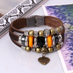 Bohemian multilayer leather bracelet with bronze heart pendant and stainless steel clasp