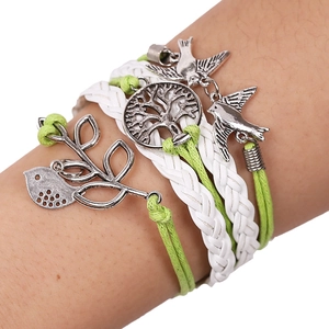 Bracelet Bohème Multicouche Arbre de Vie Oiseau Breloque Tissé à la Main Vintage Alliage Cuir PU Corde de Cire Ajustable