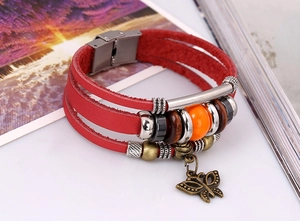Red multi-layer leather bracelet with metal butterfly charm and colorful beads