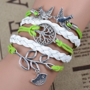 Bracelet multicouche arbre de vie et oiseaux en argent antique avec cordon tressé vert